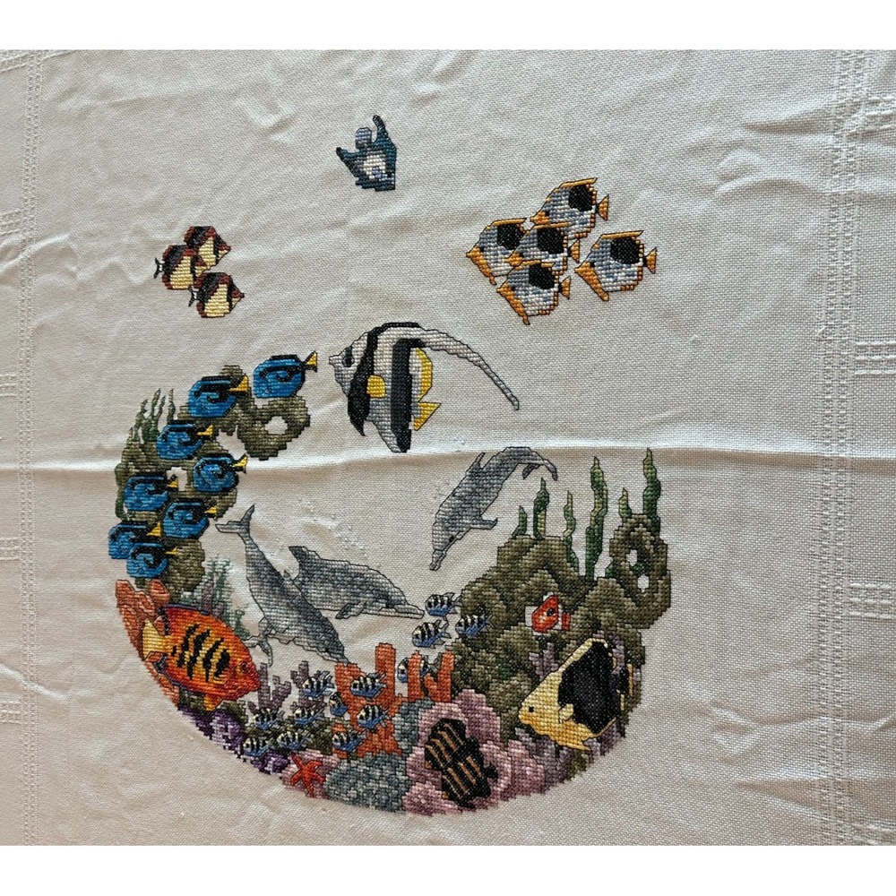 Vintage Embroidered Fish & Ocean‎ Scene Fringe Tablecloth 56'' x 62" Rectangle